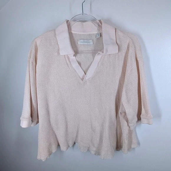 UA Standard Cloth Cream Open Knit Cropped Polo Short Sleeve V-Neck Shirt Beige - Picture 2 of 6